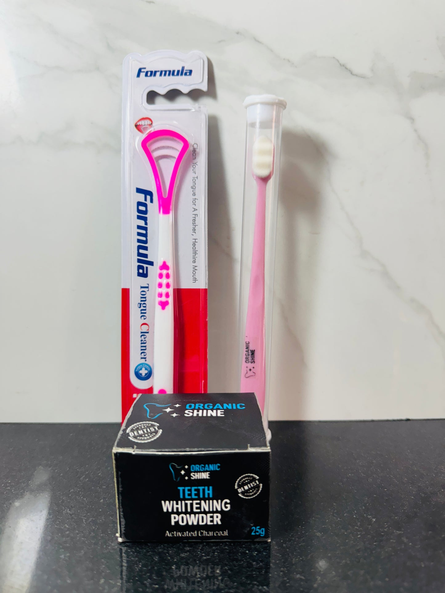 ORGANIC SHINE - Teeth Whitening Powder , Nano Toothbrush & Tongue Cleaner Bundle