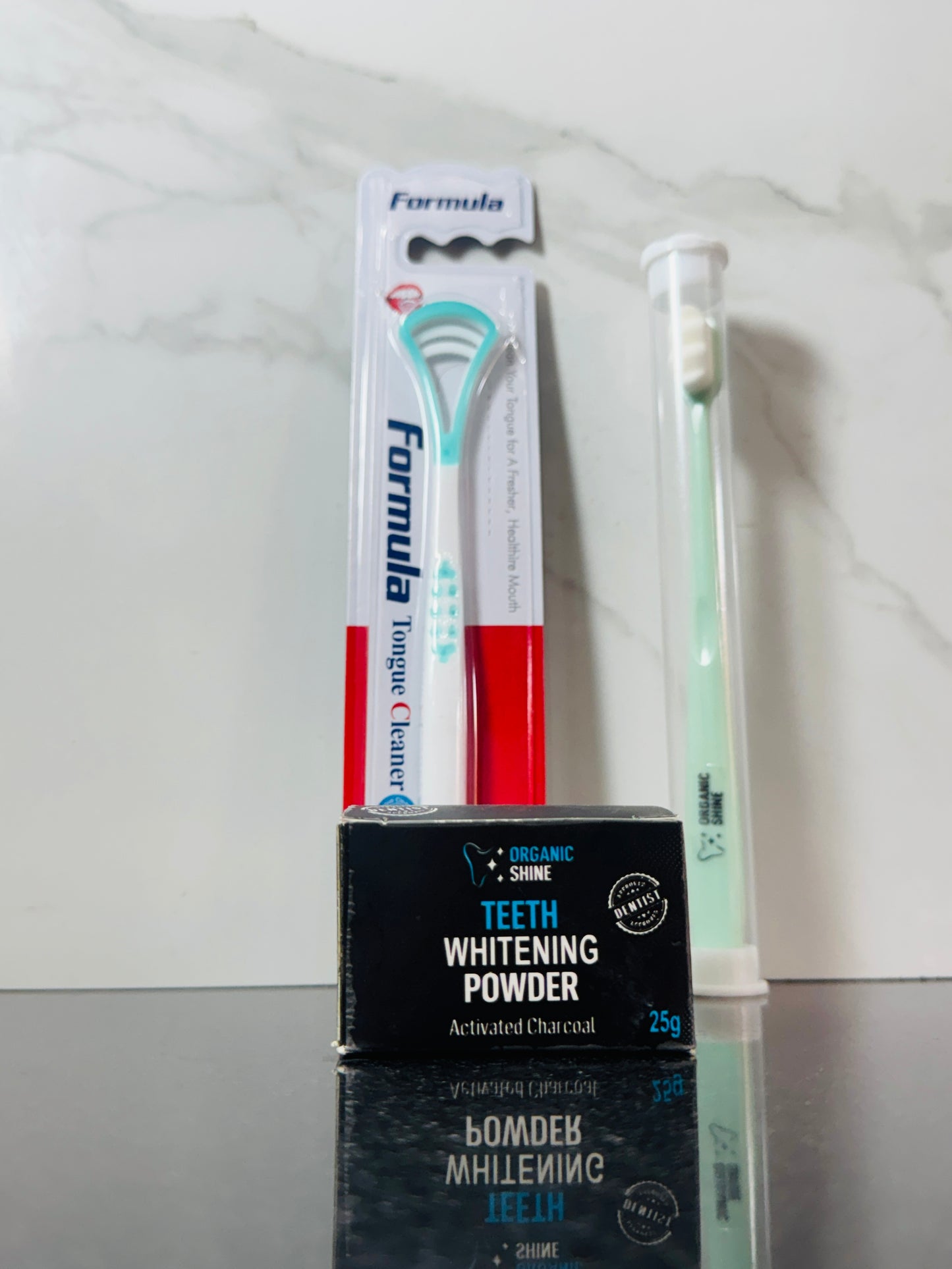 ORGANIC SHINE - Teeth Whitening Powder , Nano Toothbrush & Tongue Cleaner Bundle