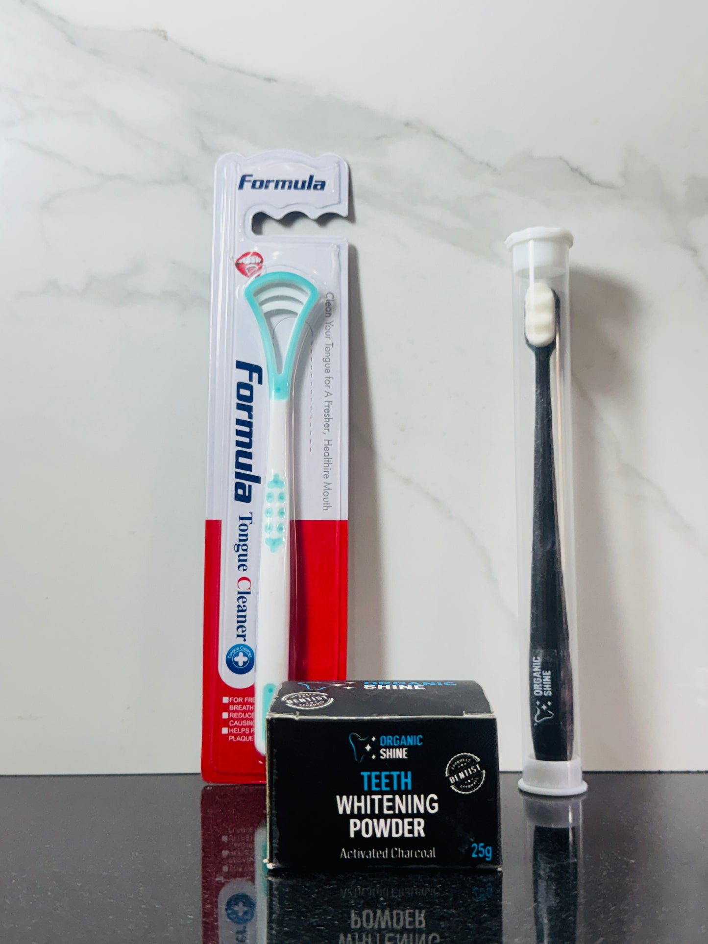ORGANIC SHINE  - Teeth Whitening Powder , Nano Toothbrush & Tongue Cleaner Bundle